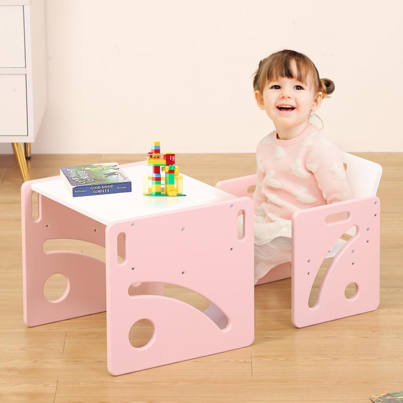 FUNLIO Montessori Weaning Table and Chair Set for Toddlers Age 13 Height Adjustable Toddler Table and Chair Set Cube Kids Table Chair for ReadingEatingPlaying Easy to Assemble  Pink