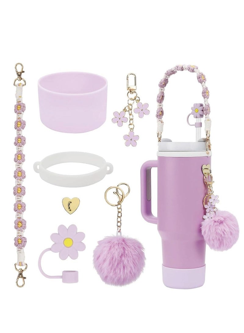 Bukela 7pcs Cup Accessories for Set Including 1 Pcs Water Bottle Handle Strap 1 Pcs Siliocne Cup Boot 1 Pcs Siliocne Straw Cover, 2 Pcs Charms for Cup 40oz & 30oz Tumbler (Purple) - Image 1