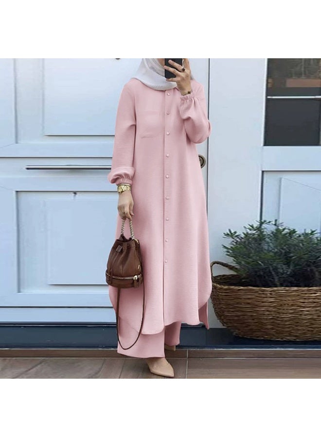 general 2 Piece Abayaa Set Women'S Daily Commuting Button Fastening Long Sleeve Shirt Top And Elastic Waist Wide Leg Pants - Image 1