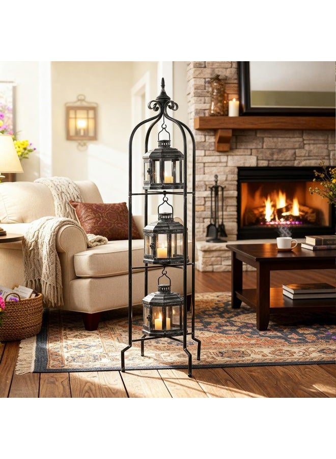 Tujoe Metal Tall Floor Candle Lantern Holders Set Foldable 45 Inch 3 Tier Candle Stand with 3 Pcs Decorative Lanterns for Indoor Outdoor Yard Porch Room Patio Garden Balcony Wedding - Image 1