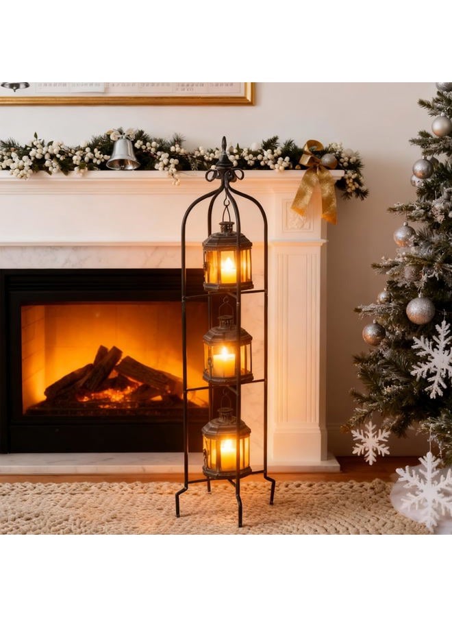 Tujoe Metal Tall Floor Candle Lantern Holders Set Foldable 45 Inch 3 Tier Candle Stand with 3 Pcs Decorative Lanterns for Indoor Outdoor Yard Porch Room Patio Garden Balcony Wedding - Image 2