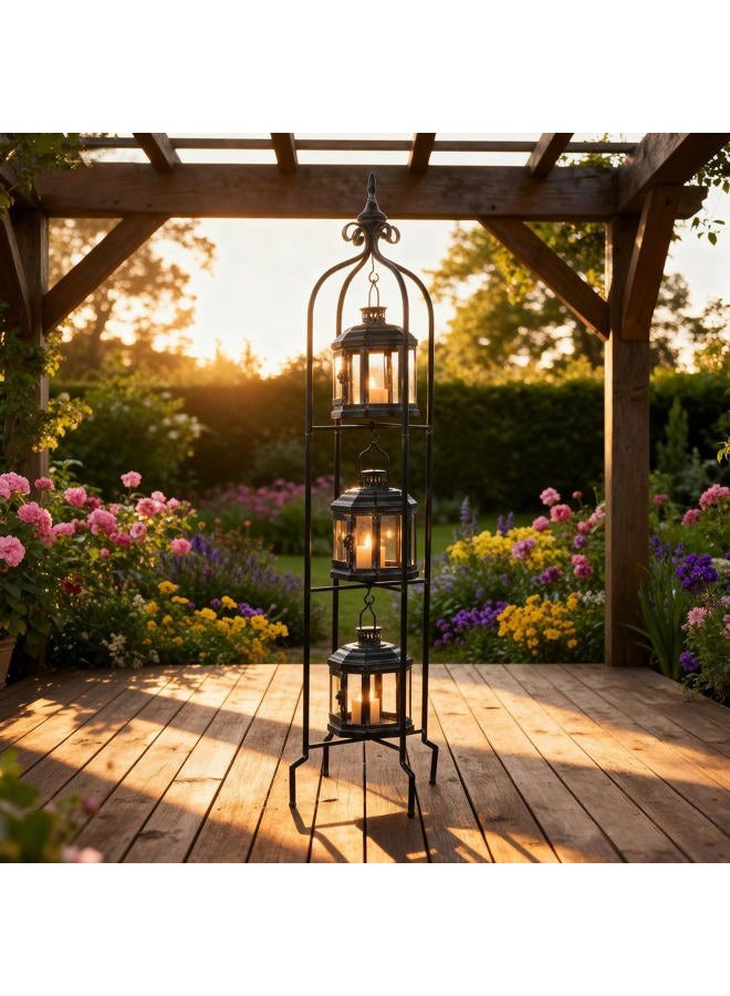 Tujoe Metal Tall Floor Candle Lantern Holders Set Foldable 45 Inch 3 Tier Candle Stand with 3 Pcs Decorative Lanterns for Indoor Outdoor Yard Porch Room Patio Garden Balcony Wedding - Image 5