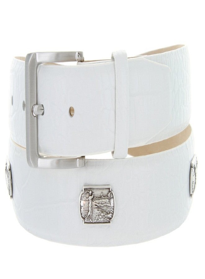 حزام رجالي من جلد العجل الإيطالي الفاخر من غروف كلاسيك، مزين بأزرار معدنية على شكل أزرار جولف (مقاس 34، لون أبيض بنقشة جلد التمساح)