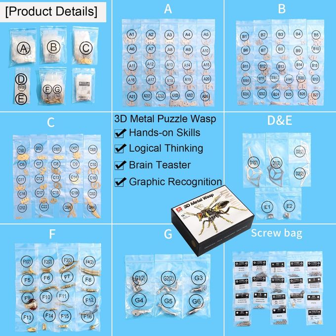 OreilleStar 3D Metal Puzzles for Adults: Northern Giant Hornet Metal Model Kits, 3D Metal Puzzle Mechanical Wasp Building Blocks, Difficult DIY for Assembly, Birthday Gifts for Men (3D Metal Wasp-Silver Gold) - Image 3