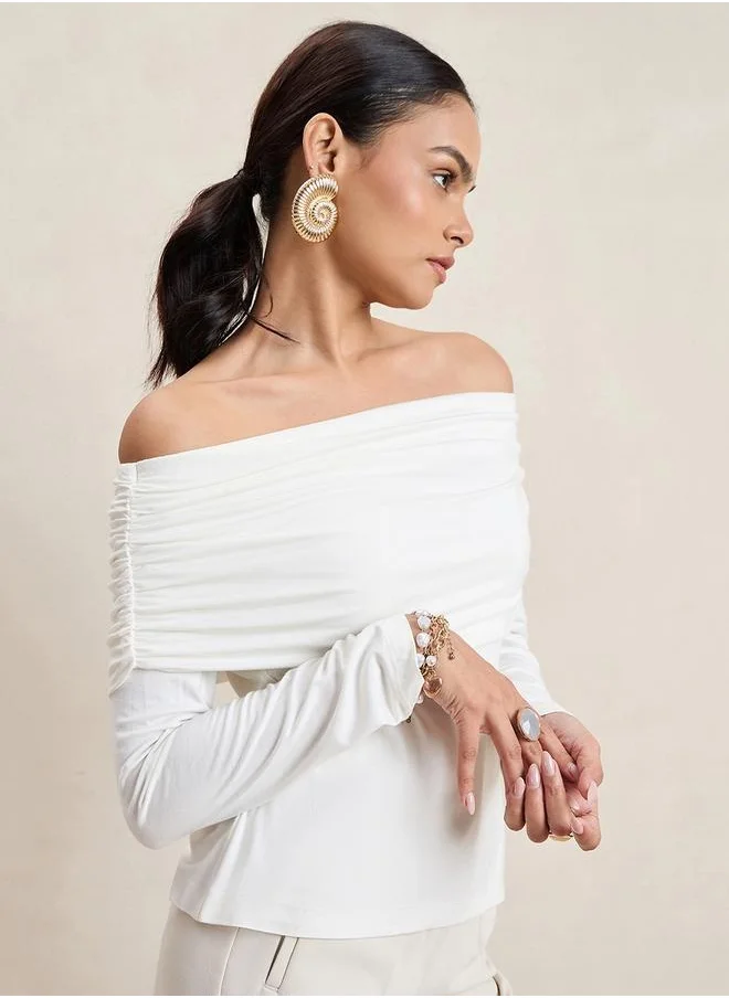 فيميلا Solid Off-Shoulder Neck Ruched Detail Top