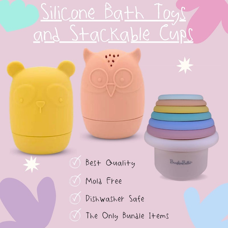 BrushinBella ألعاب Brushinbella silicone حمام 4 عبوات - ألعاب السيليكون القابلة للتنظيف مع أكواب مونتيسوري القابلة للتكديس - ألعاب حمام الأطفال - ألعاب حمام صغار غسالة الصحون - ألعاب الحوض الصغار - أساسيات حمام الطفل - Image 2