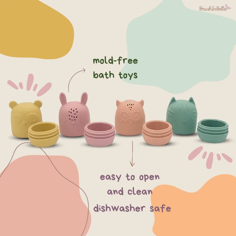 BrushinBella ألعاب Brushinbella silicone حمام 4 عبوات - ألعاب السيليكون القابلة للتنظيف مع أكواب مونتيسوري القابلة للتكديس - ألعاب حمام الأطفال - ألعاب حمام صغار غسالة الصحون - ألعاب الحوض الصغار - أساسيات حمام الطفل - Image 4