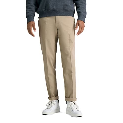 Haggar Men's Premium No Iron Khaki Straight Fit & Slim Fit Flat Front Casual Pant, Khaki Beige, 34W x 32L - Image 1