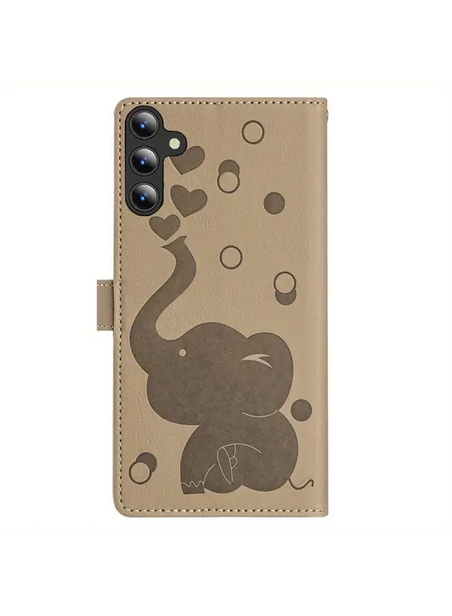 Brown Vintage Elephant Pattern Phone Case For Samsung Galaxy A56 With Card Holder And Strap - Image 3