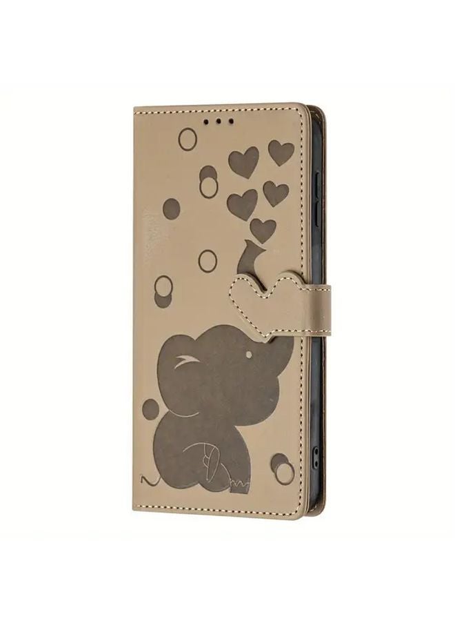 Brown Vintage Elephant Pattern Phone Case For Samsung Galaxy A56 With Card Holder And Strap - Image 4