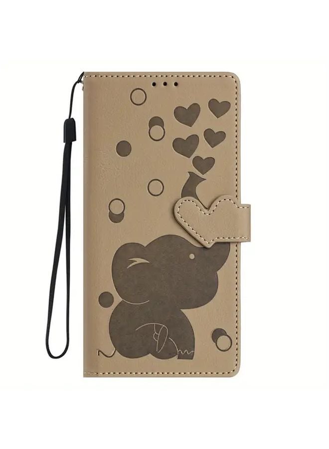 Brown Vintage Elephant Pattern Phone Case For Samsung Galaxy A56 With Card Holder And Strap - Image 2