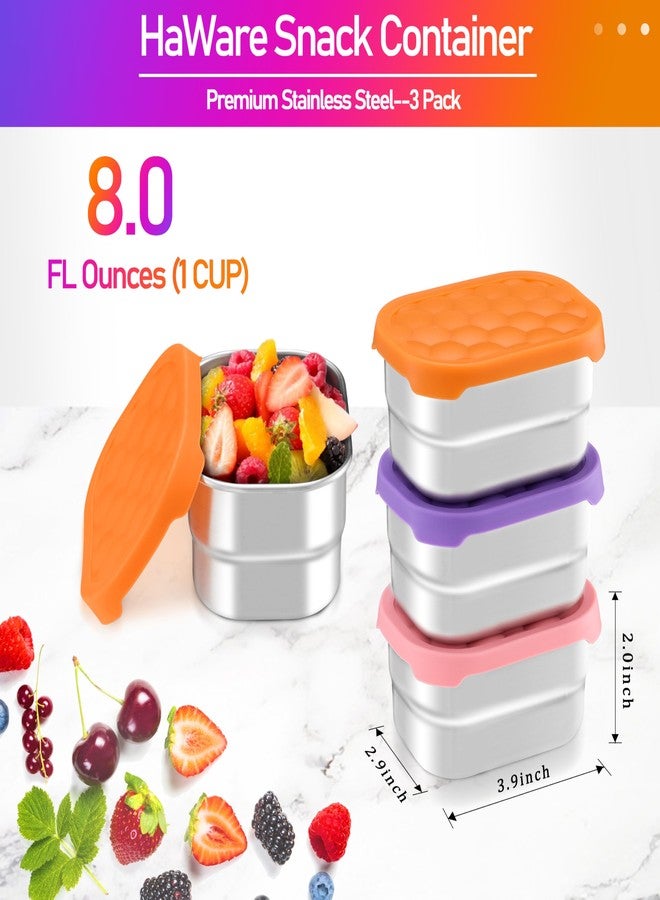 HaWare Stainless Steel Snack Containers for Toddlers and Kids, 8 oz Leak Proof Food Storage Containers with Silicone Lids, Stackable & Reusable Small Metal Lunch Box for Daycare and School- 3 Packs - Image 2