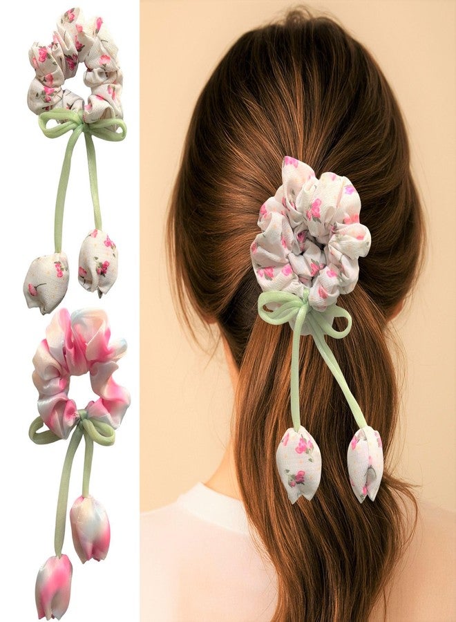 Luxelocks Pack of 2pcs Floral Hair Scrunchies with Tulip, Decorative Hair Accessories, tulip hair scrunchies for women - Image 2