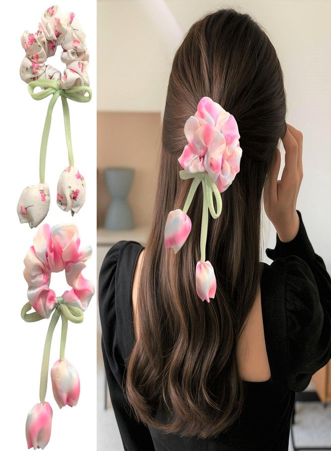 Luxelocks Pack of 2pcs Floral Hair Scrunchies with Tulip, Decorative Hair Accessories, tulip hair scrunchies for women - Image 1