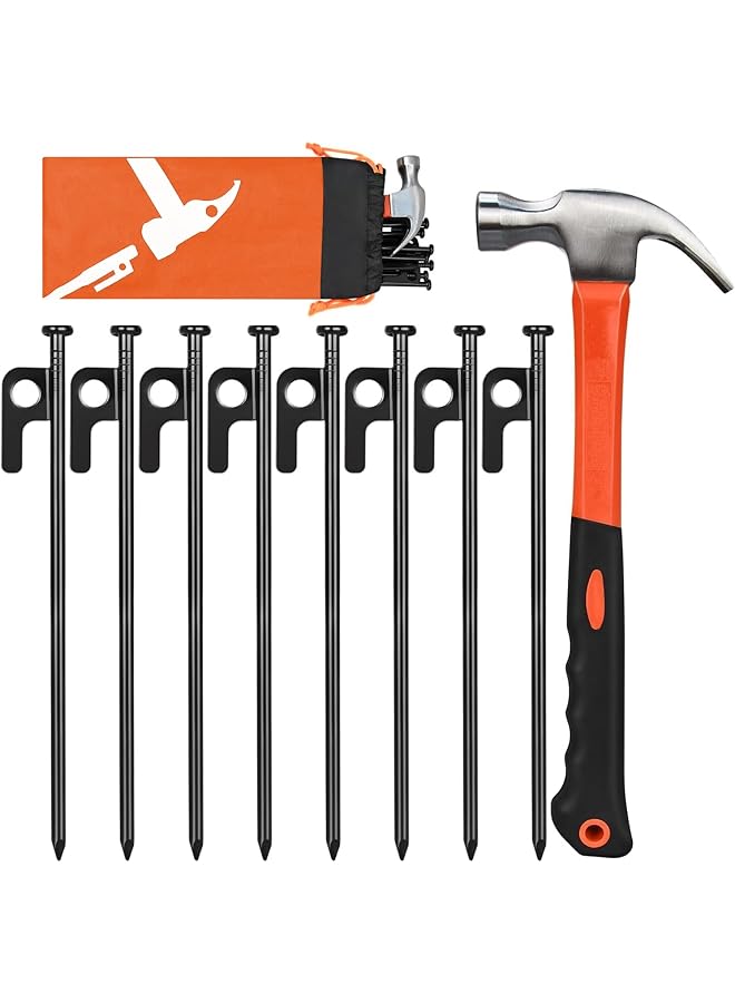 Oasisgalore 8 Pack 8In Camping Tent Hooks Tent Stakes Tent Pegs For Desert Sand Camping Kit(8 Pack 8In Stakes + Hammer)  - Image 1