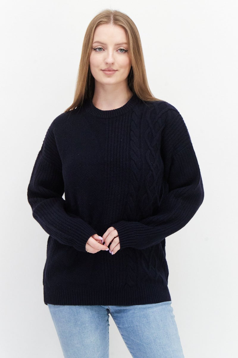 Aigle Women Crew Neck Textured Sweater, Navy Blue - Image 1