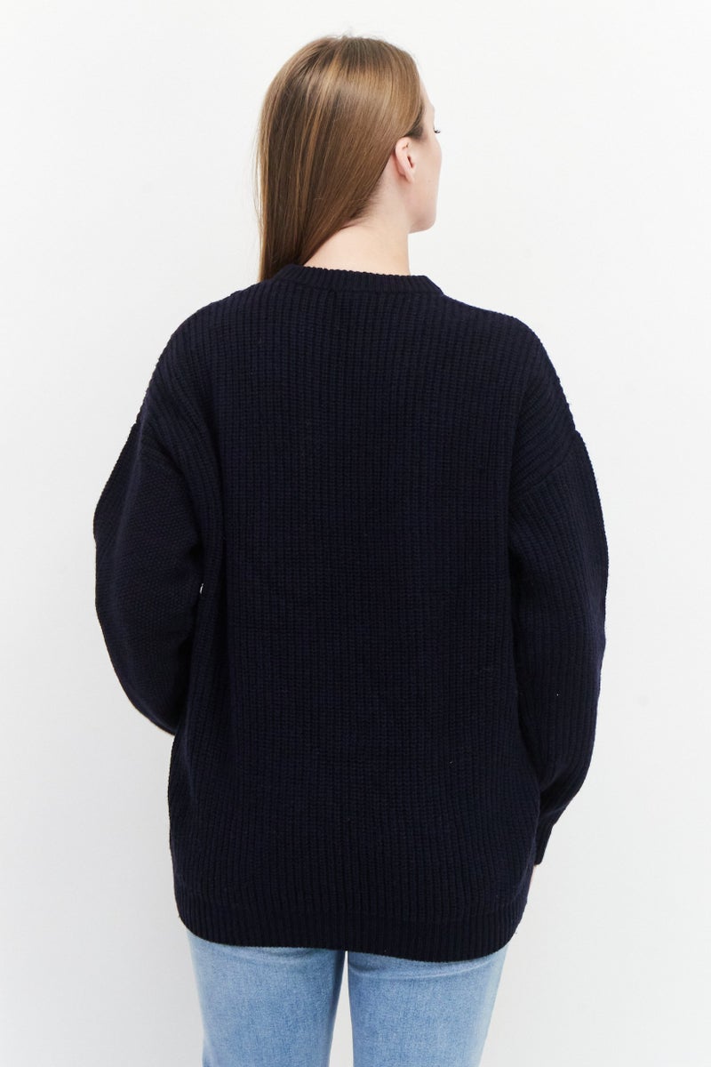 Aigle Women Crew Neck Textured Sweater, Navy Blue - Image 3
