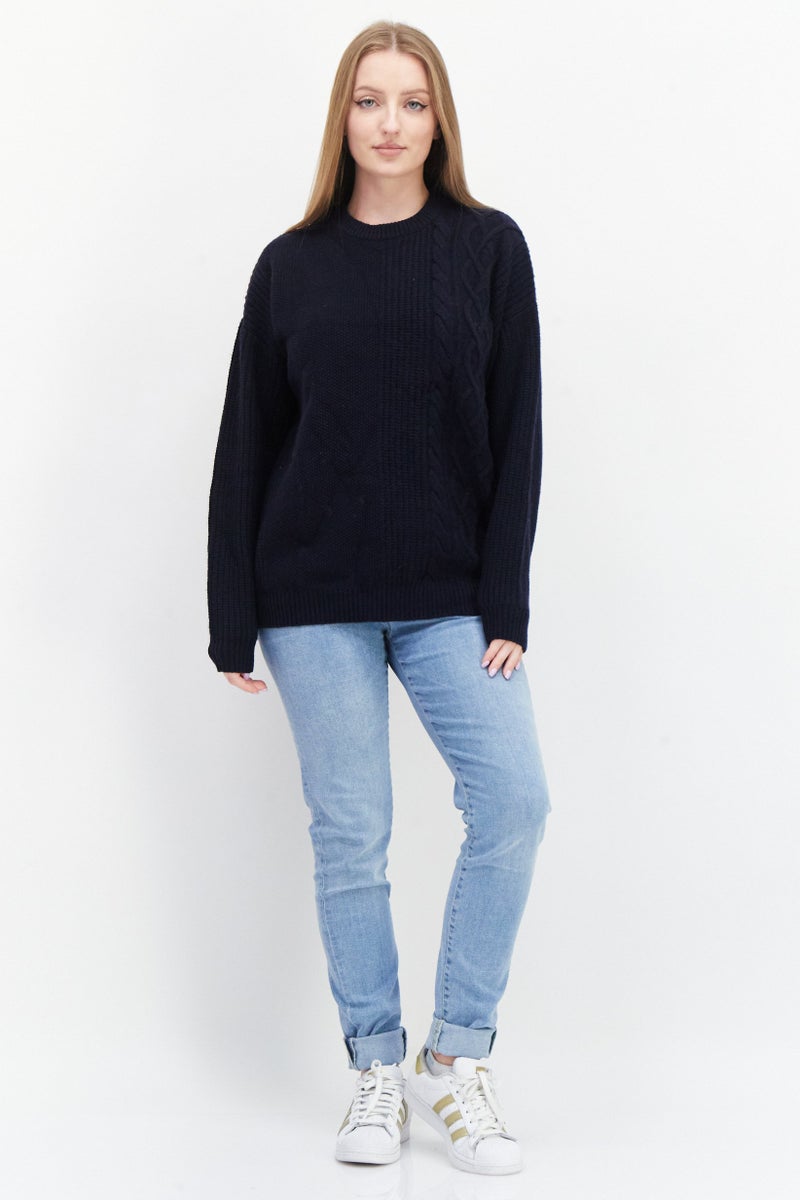Aigle Women Crew Neck Textured Sweater, Navy Blue - Image 2