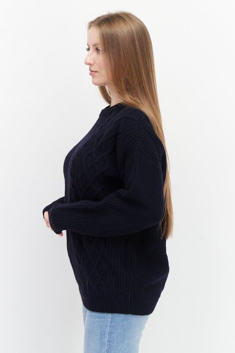 Aigle Women Crew Neck Textured Sweater, Navy Blue - Image 4