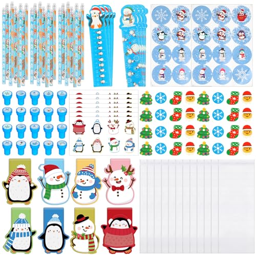 Cholemy 216 Pcs Christmas Supplies Includes Snowman Rulers Erasers Notebooks Stamps Treat Bags Stickers Sharpeners for Prizes Holiday GiftsPenguin - Image 1