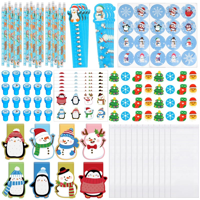 Cholemy 216 Pcs Christmas Supplies Includes Snowman Rulers Erasers Notebooks Stamps Treat Bags Stickers Sharpeners for Prizes Holiday GiftsPenguin - Image 2