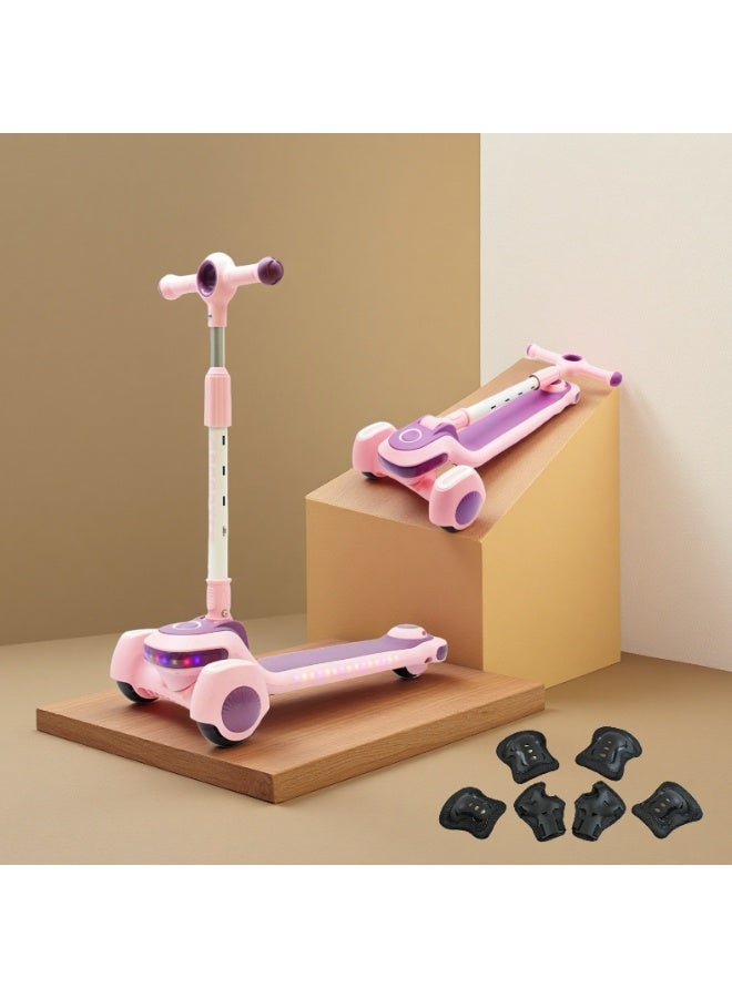 EASY FUTURE Kick Scooter with LED PU Wheels & Rear Brake & Music for Kids, Scooters for Kids with Foldable & Height Adjustable Handle for 3 to 8 Years Including Protective Gear Set - Image 1