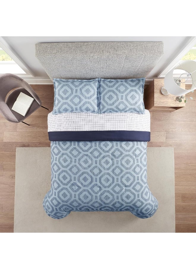 Serta - SERTA Simply Clean Skyler Soft 7 Piece Geometric Bed in A Bag Complete Bedding Comforter Set with Sheets and Pillow Case for All Season, King, Blue - Image 1