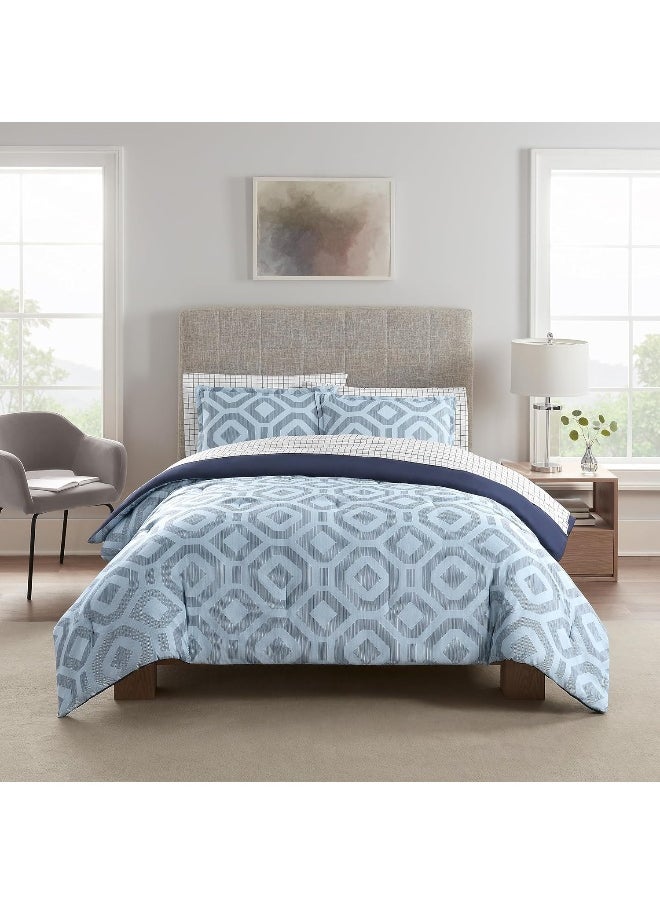 Serta - SERTA Simply Clean Skyler Soft 7 Piece Geometric Bed in A Bag Complete Bedding Comforter Set with Sheets and Pillow Case for All Season, King, Blue - Image 1