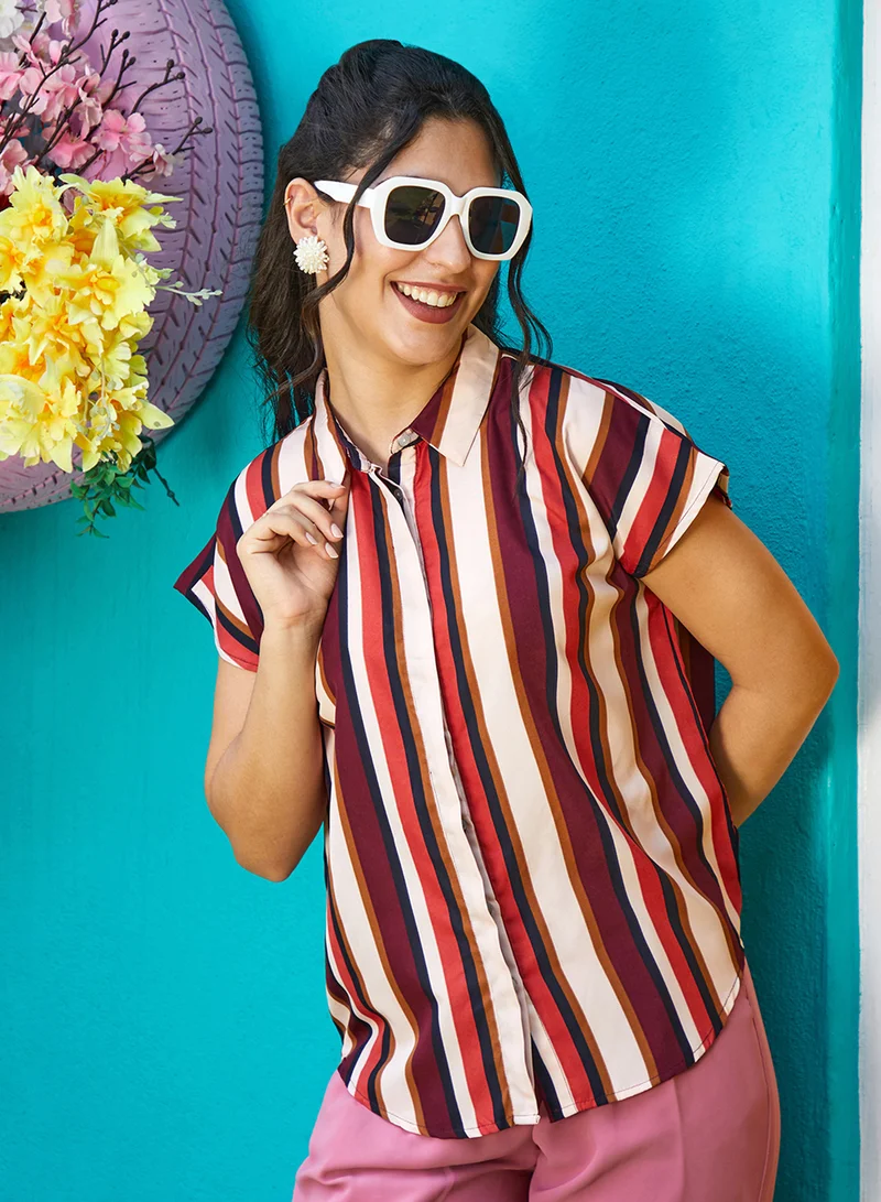 Women's Maroon & Beige Barcode Striped Shirt