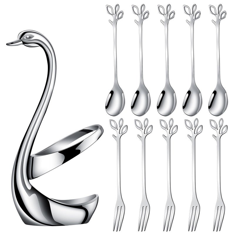 AnSaw Silver Swan Base Holder Set with 10 Pcs 4.7" Mini Leaf Teaspoons & Dessert Forks - Perfect for Appetizers,Salads,Cakes,Fruits,Cocktails,Tea,Espresso - Beautify Your Charcuterie Board Layout - Image 1