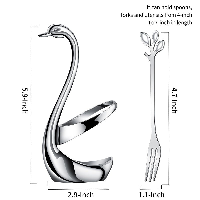 AnSaw Silver Swan Base Holder Set with 10 Pcs 4.7" Mini Leaf Teaspoons & Dessert Forks - Perfect for Appetizers,Salads,Cakes,Fruits,Cocktails,Tea,Espresso - Beautify Your Charcuterie Board Layout - Image 3