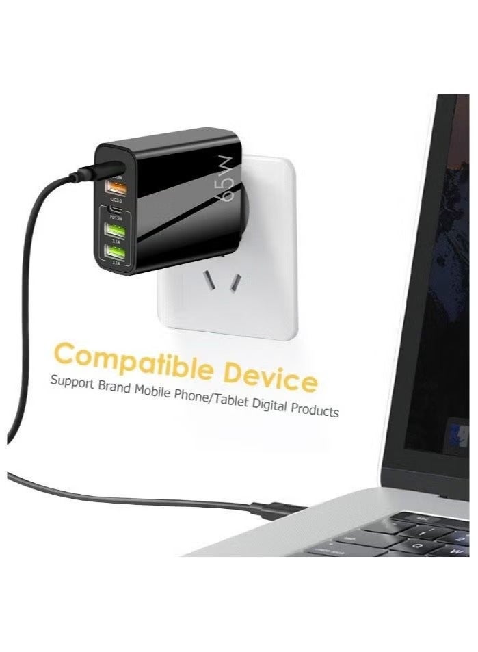 65W 5 Ports Multifunctional Universal Fast Charging Adapter Mobile Phone Charger Universal Travel Power Adapter Pad and Computer Chargers International Wall Charger QC3.0 PD20W USB3.1A Black - Image 3