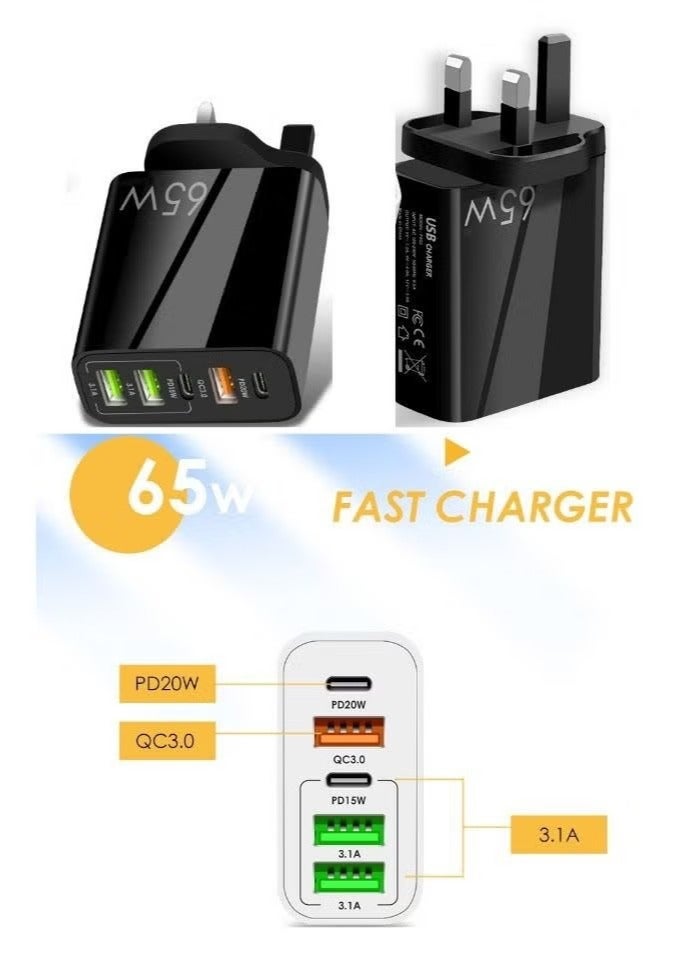 65W 5 Ports Multifunctional Universal Fast Charging Adapter Mobile Phone Charger Universal Travel Power Adapter Pad and Computer Chargers International Wall Charger QC3.0 PD20W USB3.1A Black - Image 2