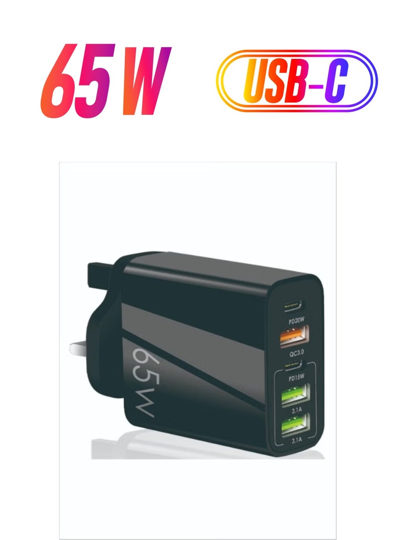 65W 5 Ports Multifunctional Universal Fast Charging Adapter Mobile Phone Charger Universal Travel Power Adapter Pad and Computer Chargers International Wall Charger QC3.0 PD20W USB3.1A Black - Image 1