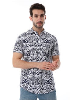 WHITE RABBIT Palm Pattern Short Sleeves Shirt - Navy Blue & White  - Image 1