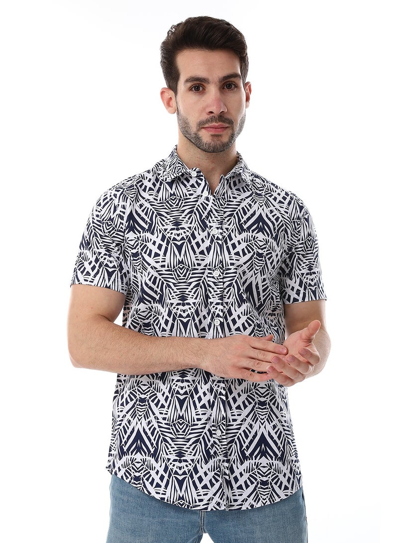 WHITE RABBIT Palm Pattern Short Sleeves Shirt - Navy Blue & White  - Image 1