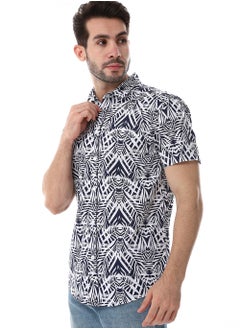 WHITE RABBIT Palm Pattern Short Sleeves Shirt - Navy Blue & White  - Image 2