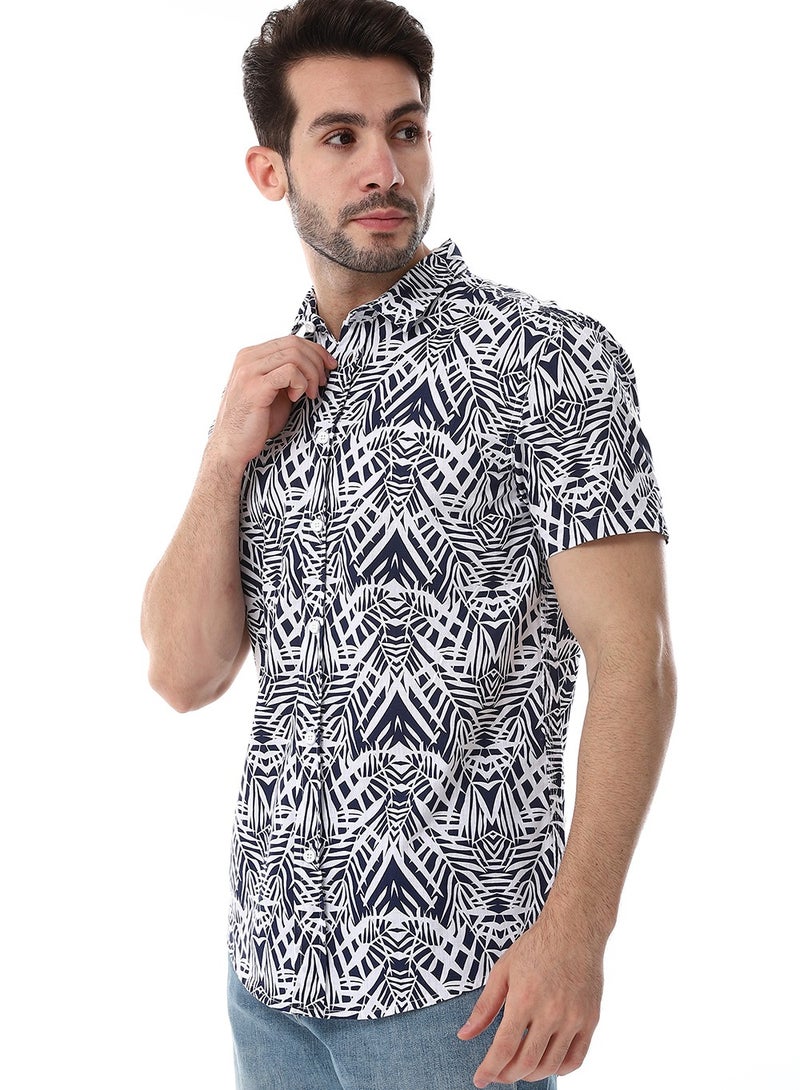 WHITE RABBIT Palm Pattern Short Sleeves Shirt - Navy Blue & White  - Image 2