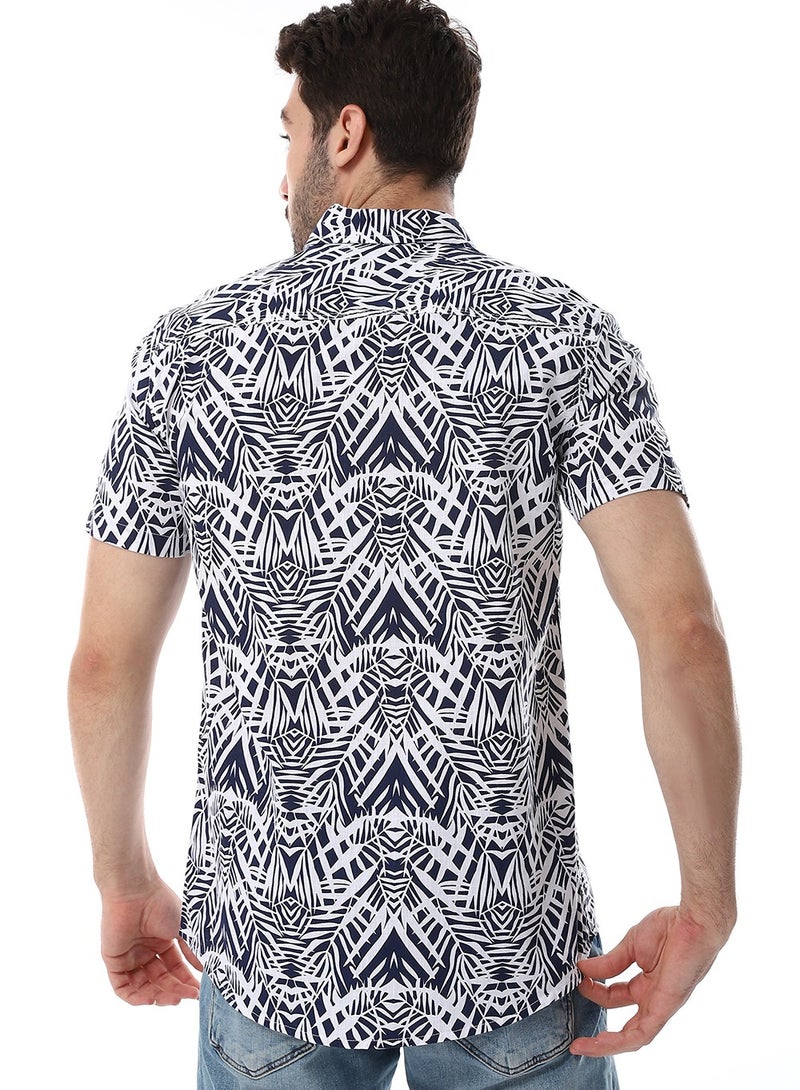 WHITE RABBIT Palm Pattern Short Sleeves Shirt - Navy Blue & White  - Image 3