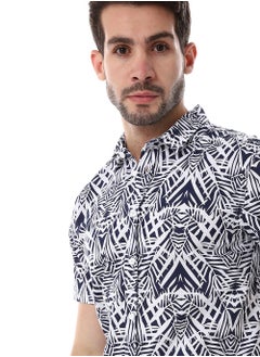 WHITE RABBIT Palm Pattern Short Sleeves Shirt - Navy Blue & White  - Image 4