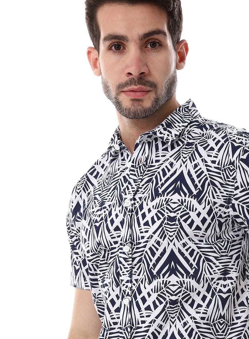 WHITE RABBIT Palm Pattern Short Sleeves Shirt - Navy Blue & White  - Image 4
