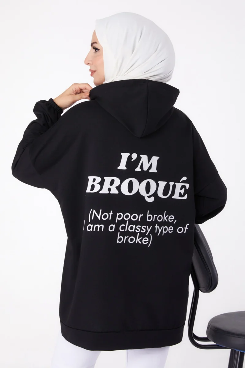 Tofisa Plain Hooded Collar Women's Black Back Printed Sweatshirt - 13327