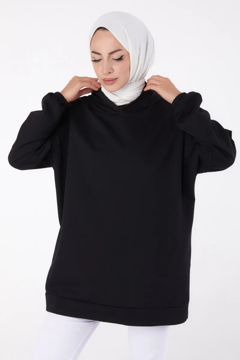 Tofisa Plain Hooded Collar Women's Black Back Printed Sweatshirt - 13327