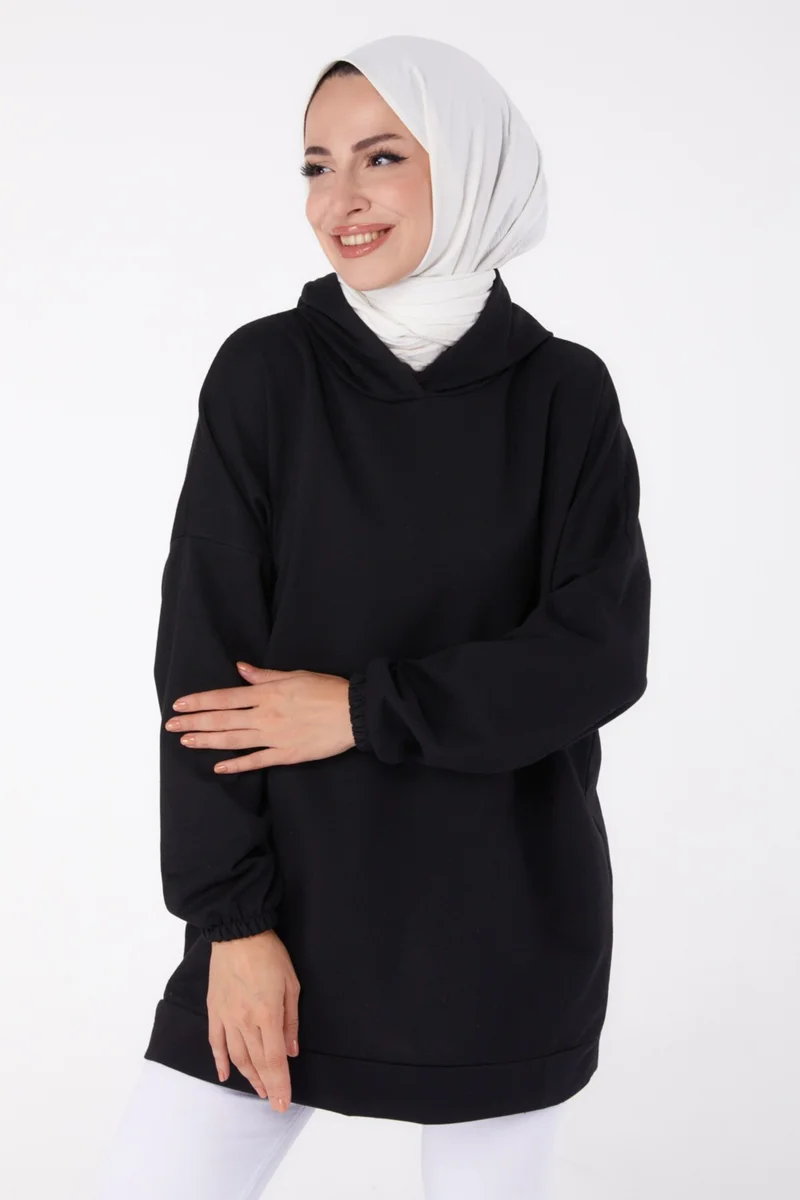 Tofisa Plain Hooded Collar Women's Black Back Printed Sweatshirt - 13327