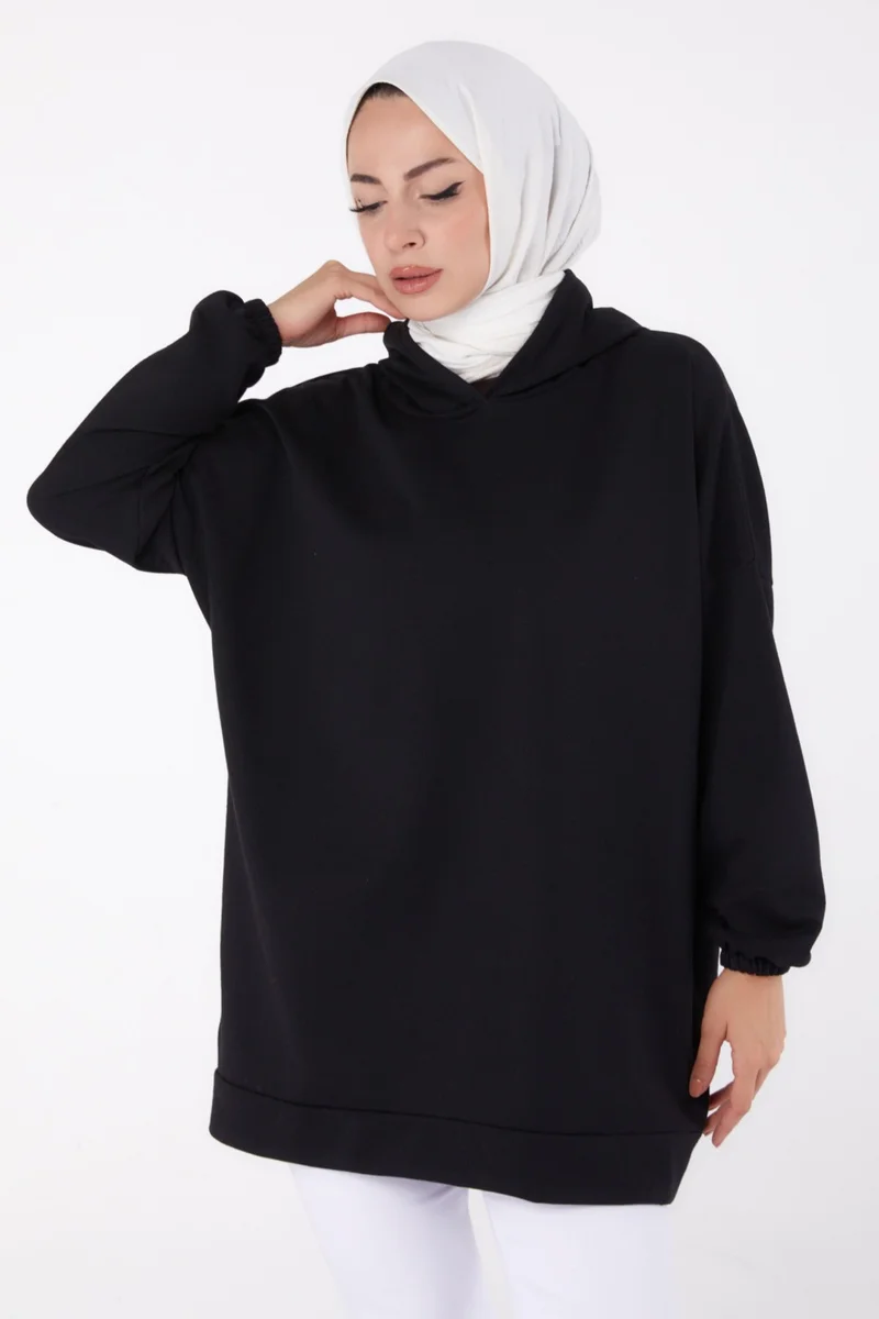 Tofisa Plain Hooded Collar Women's Black Back Printed Sweatshirt - 13327