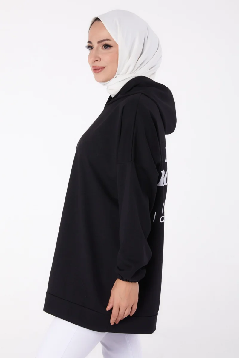 Tofisa Plain Hooded Collar Women's Black Back Printed Sweatshirt - 13327