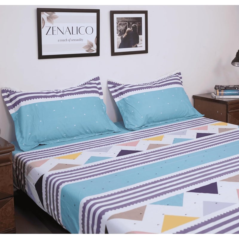 ZENALICO ZENALICO Geometric Bliss Sky Blue Triangle Pattern Bedsheet 90 x 100 100 Cotton 220 TC with 2 Pillow Covers Double Bedsheet A Modern Touch of Comfort and Style for Your Bedroom 