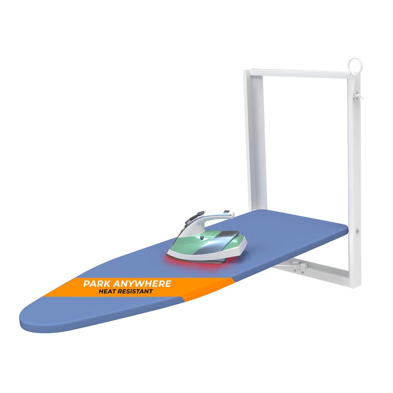 XABITAT Xabitat Wall Mounted Ironing Board 362 X 122 Compact Mount Fold Down Iron Board for Small Spaces Space Saving with Cotton Fabric Cover White and Blue 