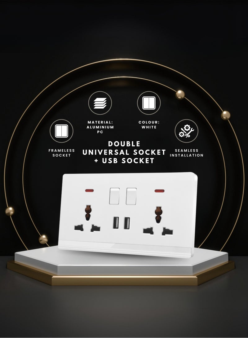 Vmax Double Universal switched socket with 2 USB, 3x3" White/Ivory Finish - Image 1