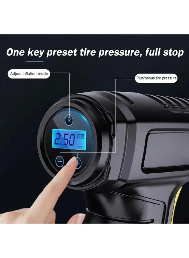 ضاغط هواء محمول قابل لإعادة الشحن لنفخ إطارات السيارات، مضخة كهربائية، شاشة LED وامضة مع مجموعة فوهات للسيارات والدراجات النارية والهوائية والكرات - Image 2